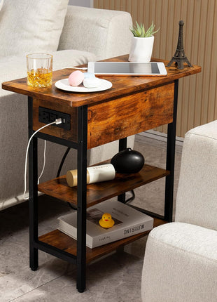 End Table with Built-in Charging Station, Flip Top Design Featuring USB Ports and Outlets, Multi-functional Sofa and Bedside Table for Living Room and Bedroom, Space-saving Nightstand with Storage Shelves
