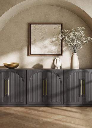 97'' Arched Buffet Cabinet Set of 3 Modular Sideboards with Double-Arc Wood Doors, Adjustable Shelves, Classic Modern Design for Dining Room, Living Room, and Entryway (Ebony)