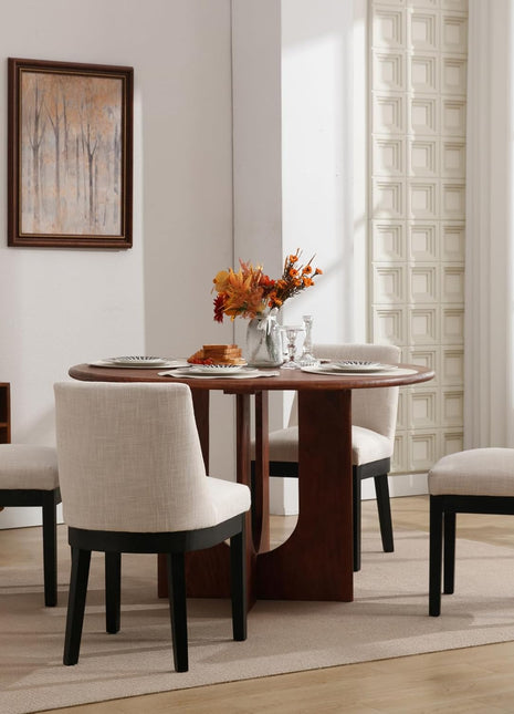 Set of 4 Beige Upholstered Linen Dining Chairs with Black Wooden Legs, Mid-Back Design, Armless Comfort for Living Room and Restaurant Use