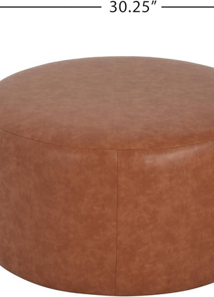 GAVI 30-Inch Round PU Leather Ottoman Footstool, Upholstered Footrest and Modern Side Table for Living Room and Bedroom, Cognac Brown