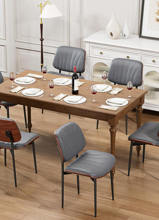 Set of 4 Mid-Century Modern Dining Chairs in Gray Upholstered PU Leather with Walnut Bentwood and Metal Legs