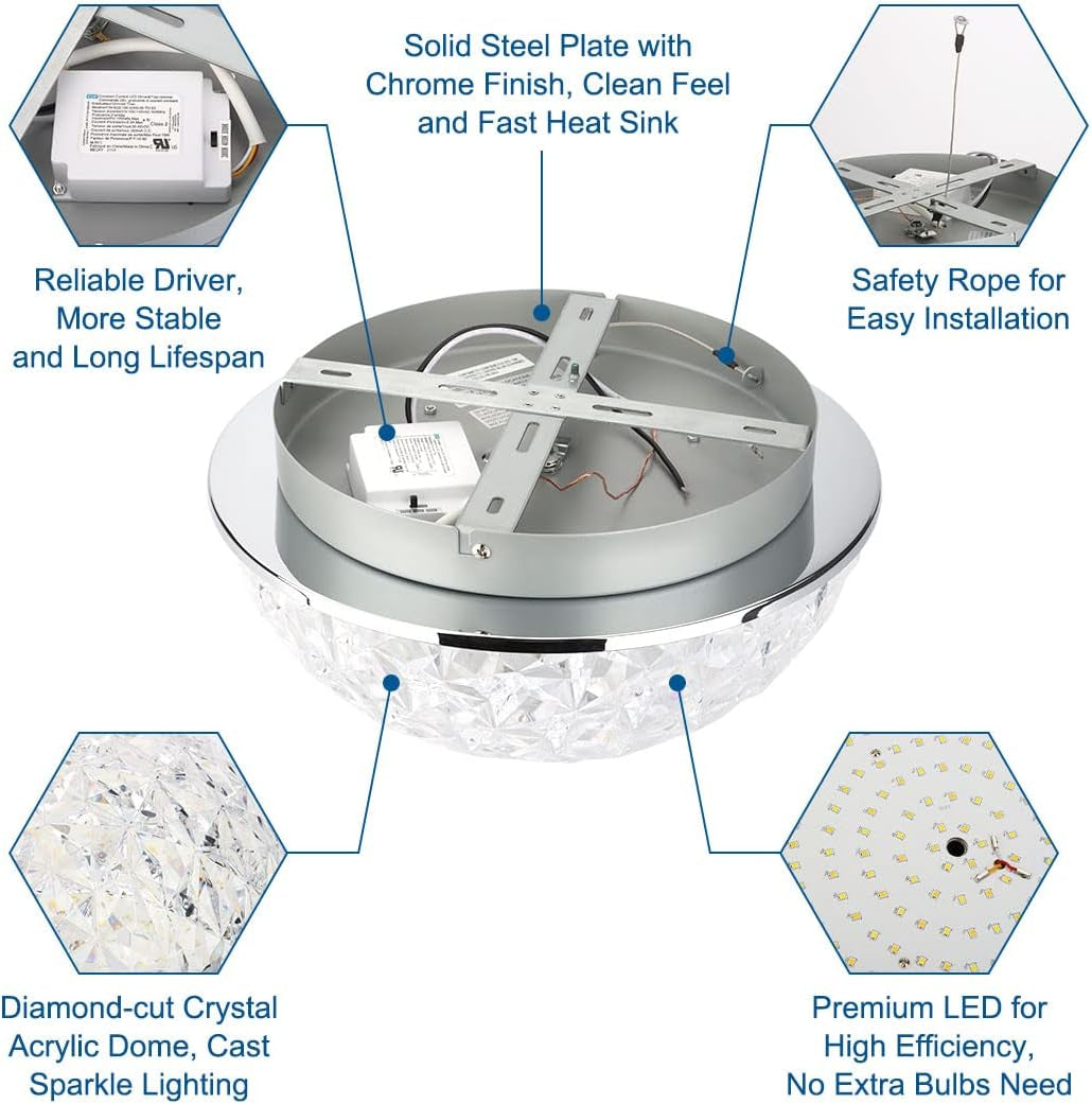 LED Ceiling Light Fixture Flush Mount, Crystal Chandelier Modern Ceiling Light for Kitchen, Hallway, Living Room, Foyer, Closet, 12In 15W 1640LM, 3/4/5000K CCT Selectable, Dimmable