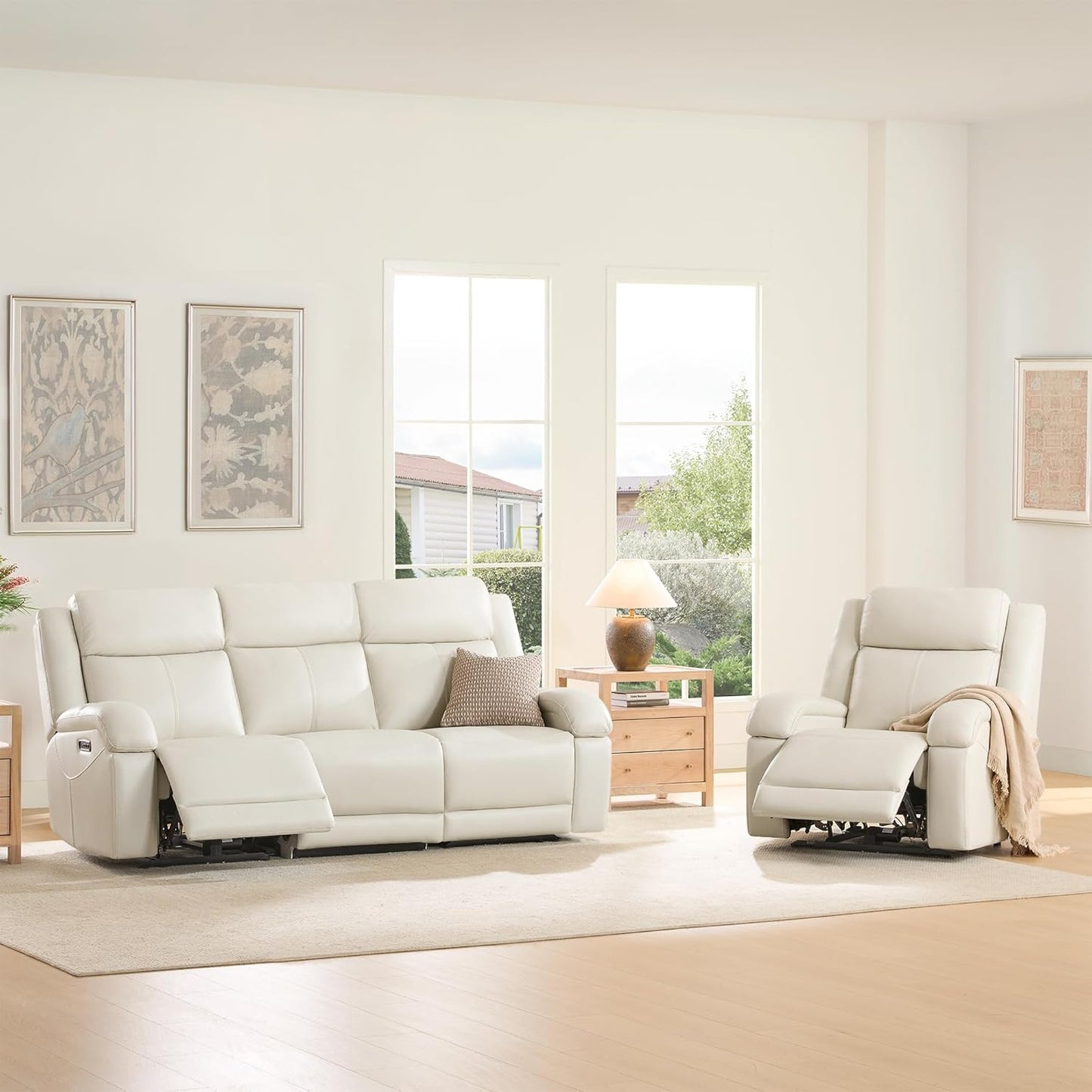 Genuine Leather Power Recliner Sofa, 3 Seater Wall Hugger Reclining Sofas with Power Headrest, USB & Typec Ports, Electric Recliner Couch Set for Living Room, Cream