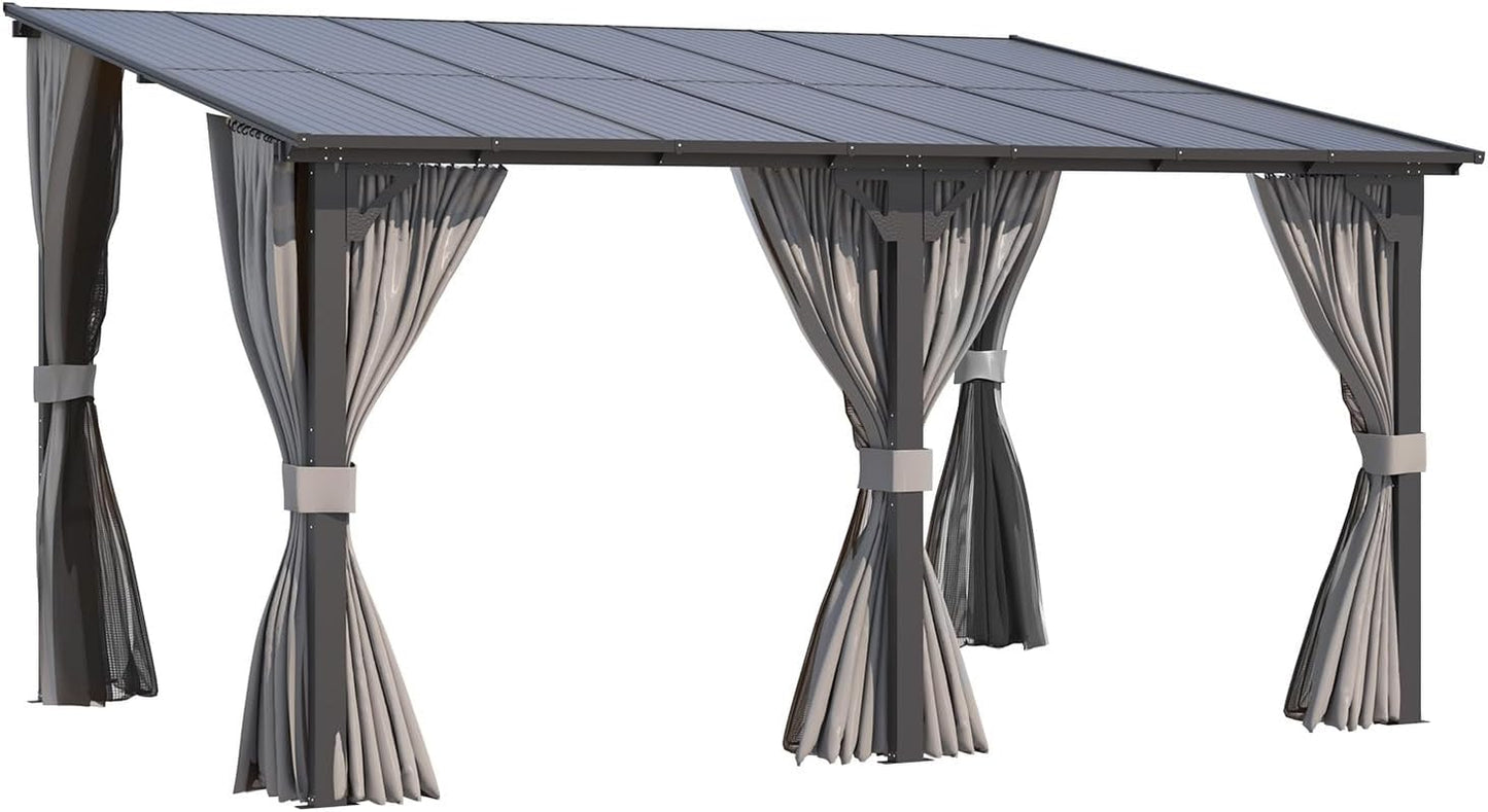 14' X 10' Gazebo for Patio, Hard Top Lean to Gazebo Pergola with Curtains and Mosquito Netting, Large Wall-Mounted Heavy Duty Awnings for Patio, Decks, Backyard and More