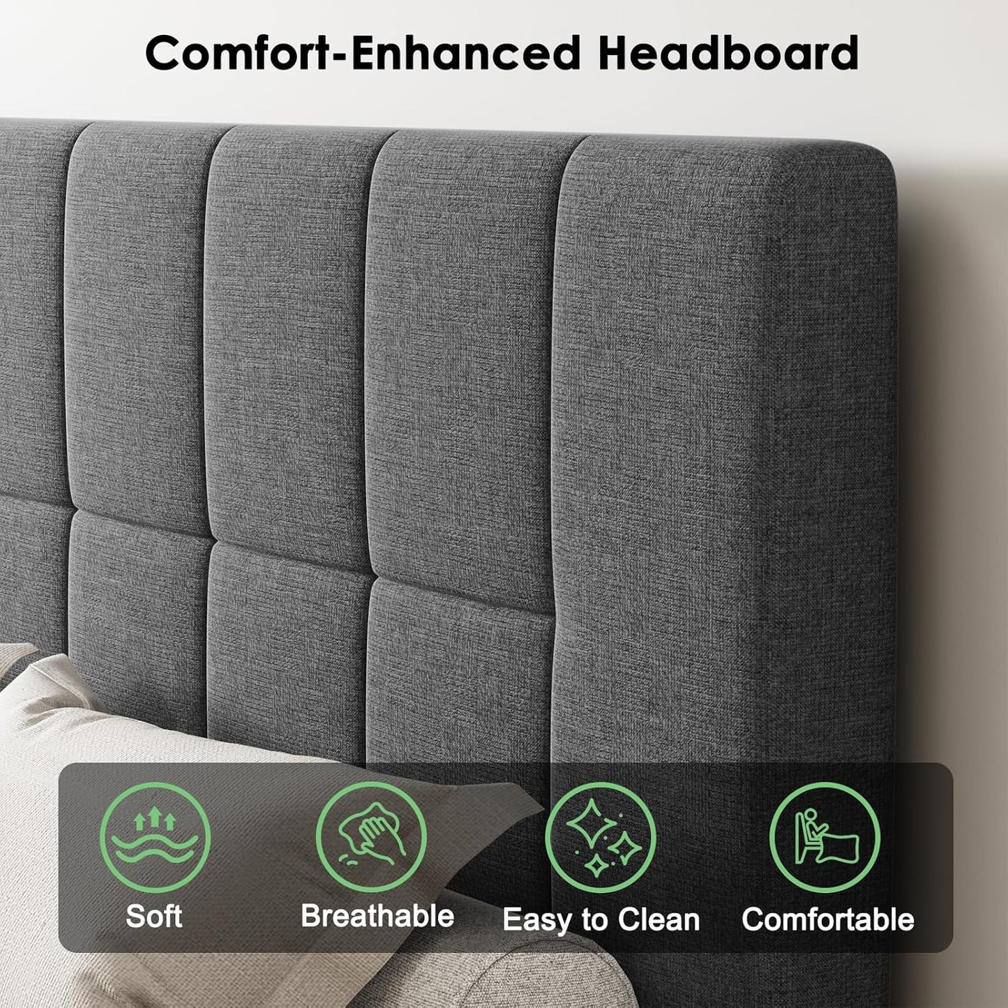 Queen Size Bed Frame, Sturdy and Durable with 12 Support Legs, 1300 Lbs Capacity, Solid Wooden Upholstered Adjustable Headboard for 6"-12" Mattresses, Easy Assembly, Ideal Height, Dark Gray