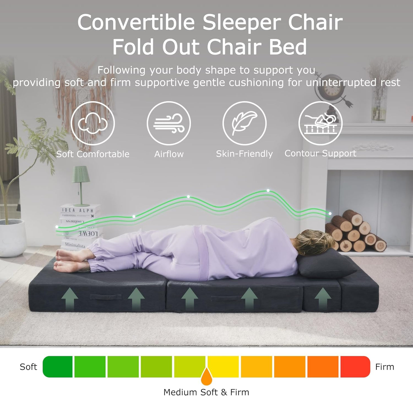 Folding Sof Bed, 4 in 1 Convertible Sleeper Chir with Pillow, Single Memory Fom Fold Out Chir Bed, Modern Floor Futon Sof Couch Mttress for Living Room/Guest/prtment, Drk Grey