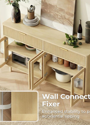 59-Inch Modern Sideboard Buffet Cabinet with Drawers, Adjustable Shelves, and Tempered Glass Doors - Oak Wood Coffee Bar for Kitchen and Living Room