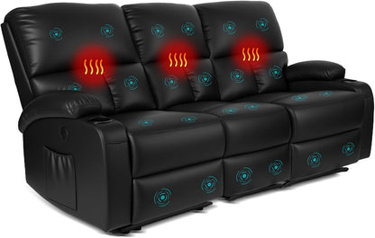 Home Theater Seating,Rv Recliner Sofa with Massage and Heat,Manual RV Recliner Loveseat with Usb/Cup Holders and Side Pocket for Living Room,3 Seater Black
