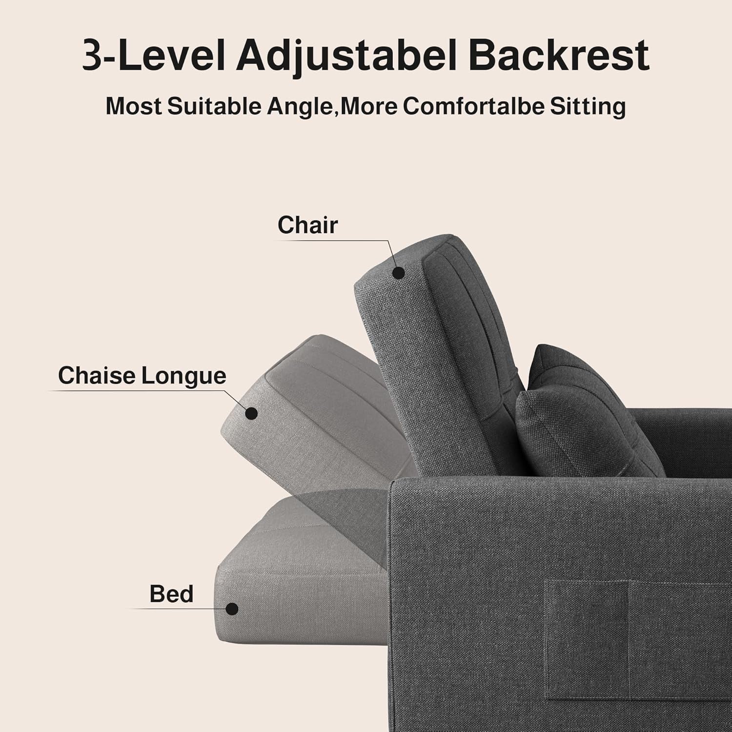 Convertible Sofa Bed, 3-In-1 Multi-Functional Sleeper Chair Bed, Adjustable Backrest Recliner with Modern Linen Fabric for Living Room Bedroom Apartment Small Space, Dark Grey