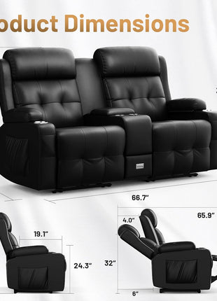 Luxury Loveseat Recliner Sofa for Home Theater, Featuring Massage Function, USB Port, Center Console, Wall Hugger Design, 145° Recline, Cup Holders, and Side Pockets - Ideal for RV and Movie Rooms
