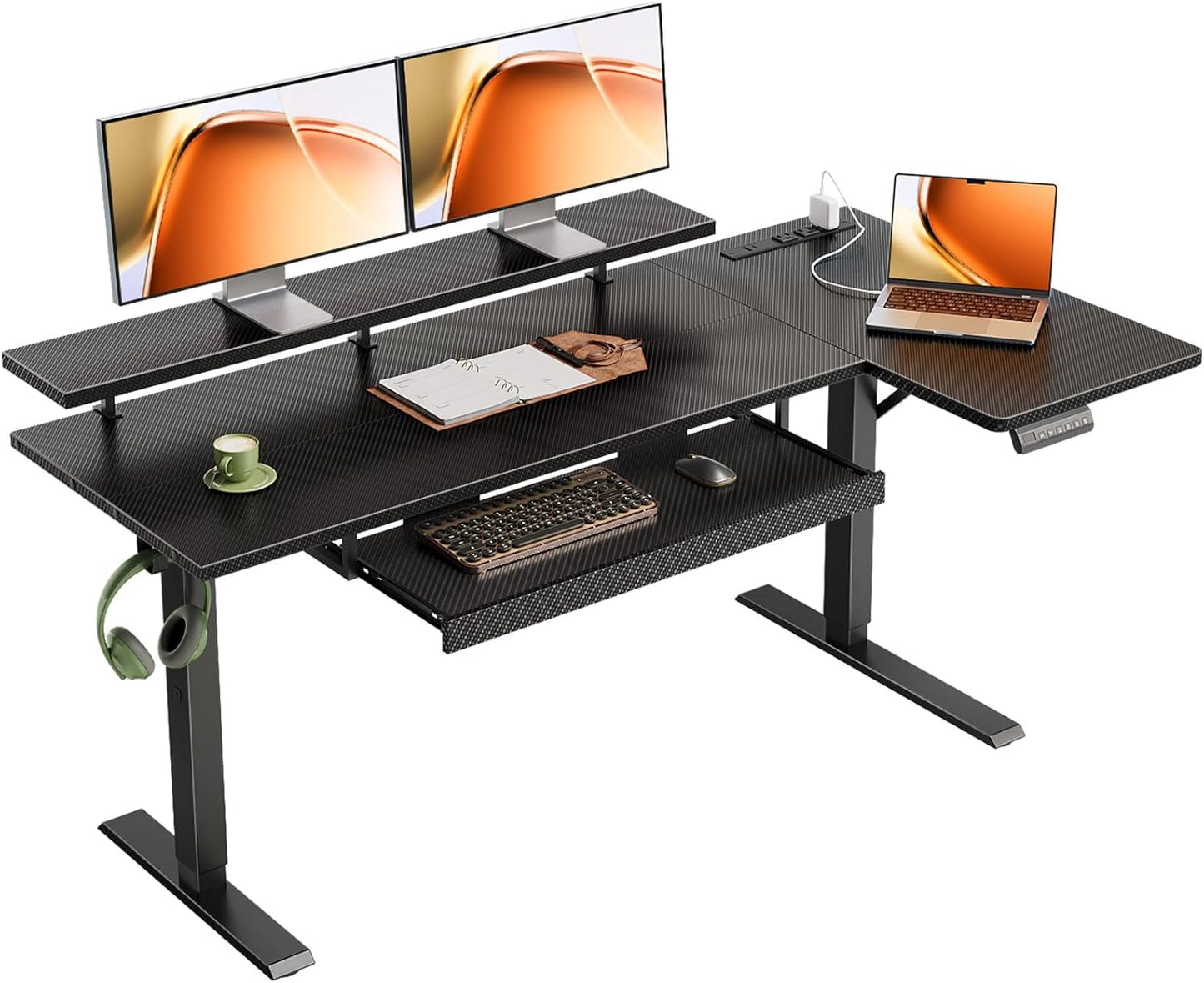 55 Inch L Shaped Electric Standing Desk with Keyboard Tray, Reversible Height Adjustable Corner Computer Desk with Monitor Stand, Sit Stand up Lift Table for Home, Office, Carbon Fiber Black