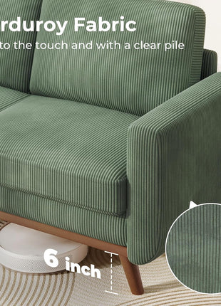 68-Inch Green Corduroy Loveseat Sofa with Spring Cushion and Solid Wood Frame for Modern Living Spaces, Bedrooms, and Offices