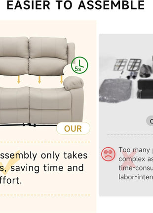 Reclining Loveseat Sofa in Beige Leather with Side Pocket for Living Room, RV, and Home Theater
