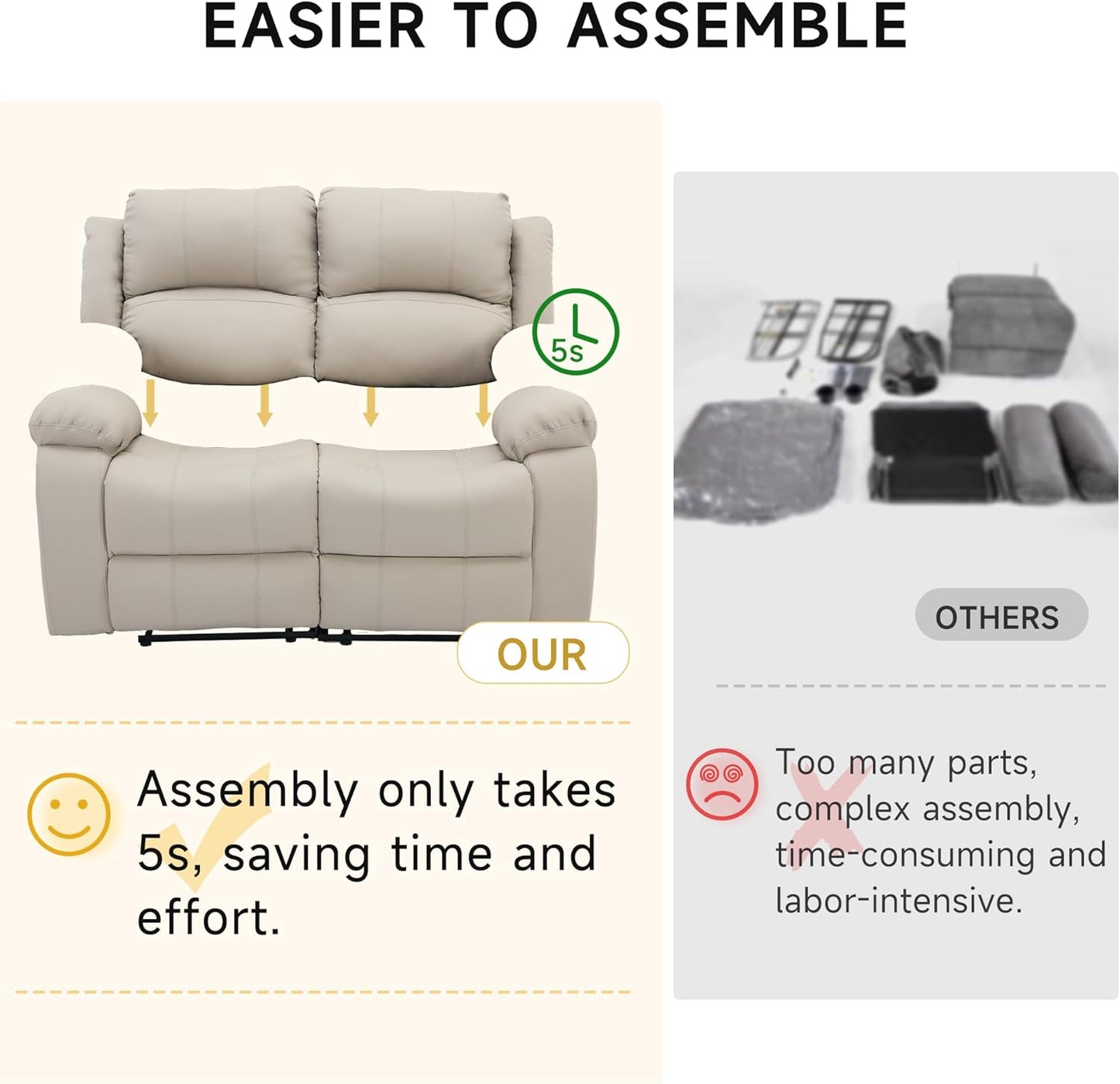 Reclining Loveseat Recliner Sofa, 2 Seat Leather Recliner Couch with Side Pocket for Living Room, RV, Home Theater(Loveseat,Beige)