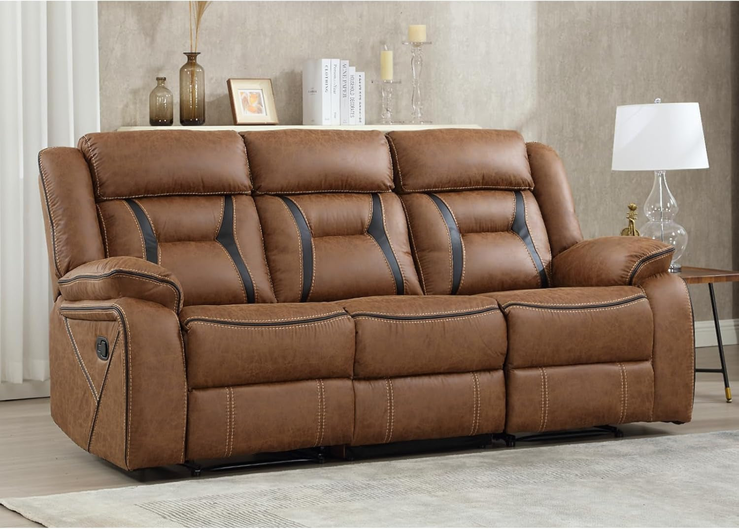 Faux Leather Manual Reclining Sofa, 3 Seat Recliner Sofa Chair, Couch Furniture for Living Room, Furniture, Meeting Room, Brown (3 Seat Sofa)