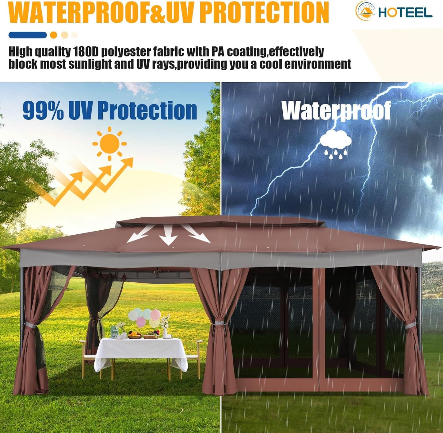 Gazebo 12X20, Outdoor Gazebo on Clearance with Double Ventilated Arc Roof, Privacy Curtains & Mosquito Netting, Easy Set up Canopy Tent with Stable Metal Frame for Patio, Brown