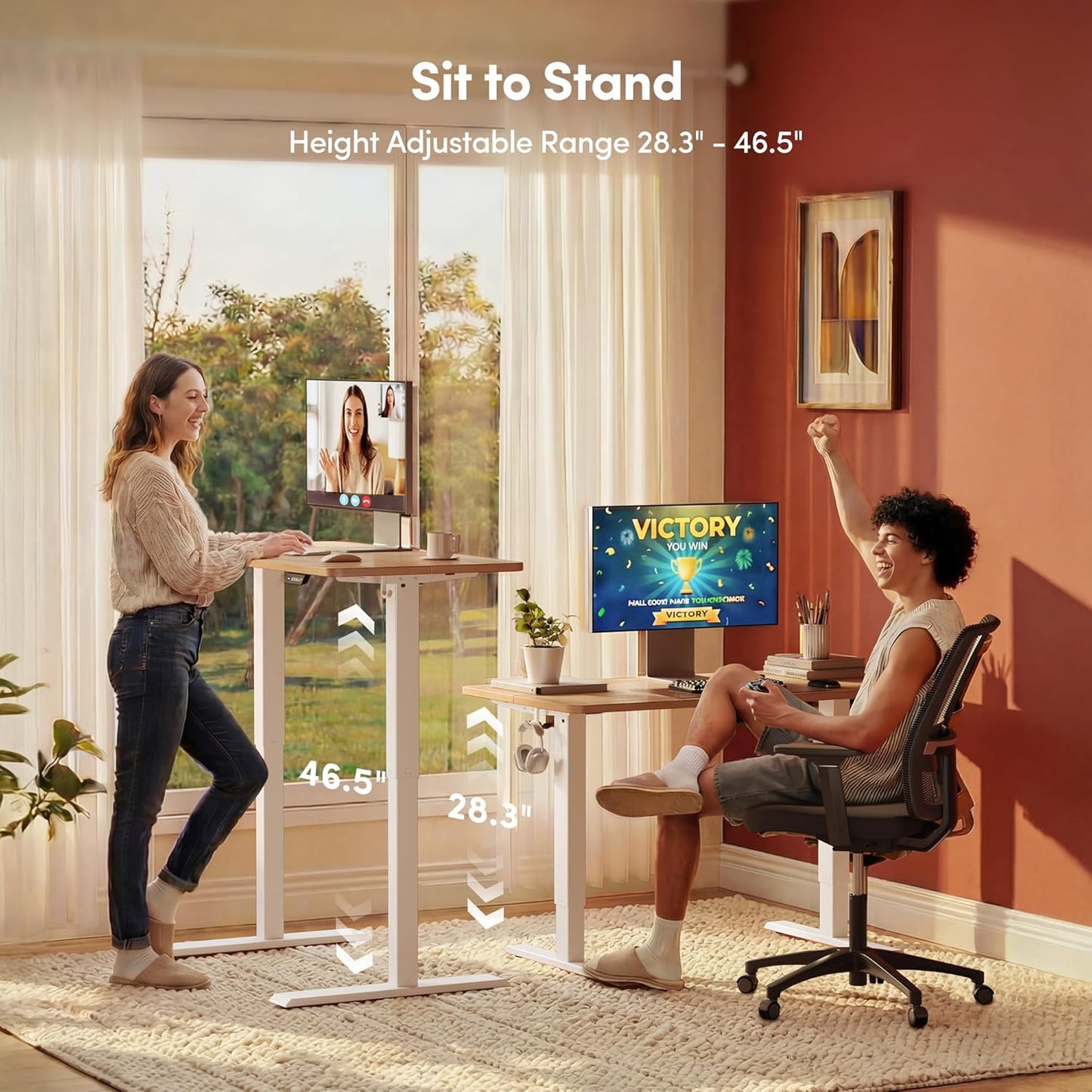 Standing Desk, 48 × 24 Inches Electric Height Adjustable, Sit and Stand Up, Computer Office Desk with Splice Board, White Frame/Maple TOP