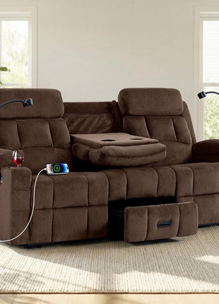 Oversized 3-Seater Loveseat Recliner Sofa with Flip-Down Middle Backrest, Storage Drawer, Dual Manual Recliners, USB Ports, Cup Holders, and Phone Holders in Brown