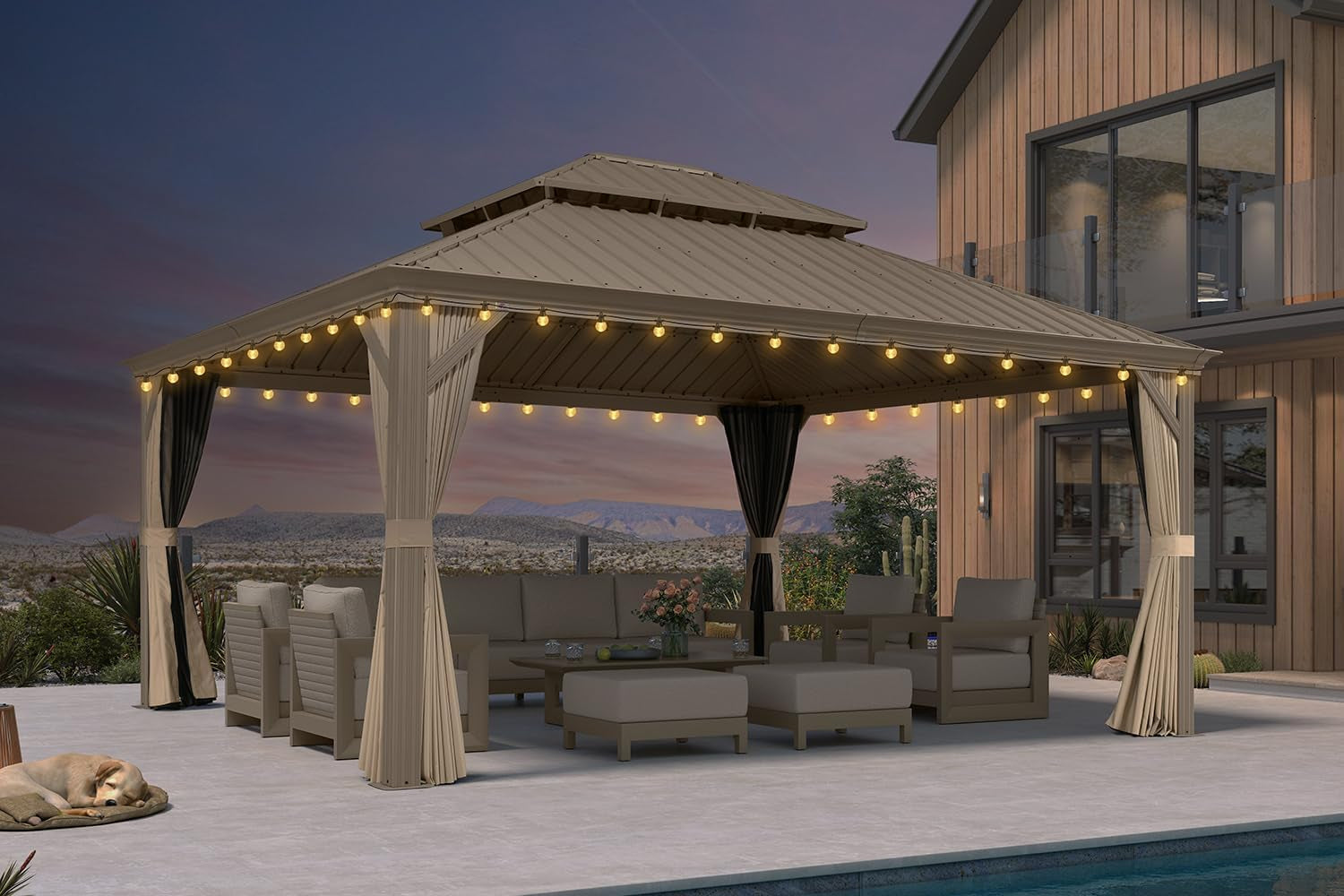 Outdoor Gazebo 14'X16'，Champagne Hardtop Gazebo with Galvanized Steel Double Roof, Permanent Patio Gazebo with Curtains and Netting for Patio Lawn Garden and Deck