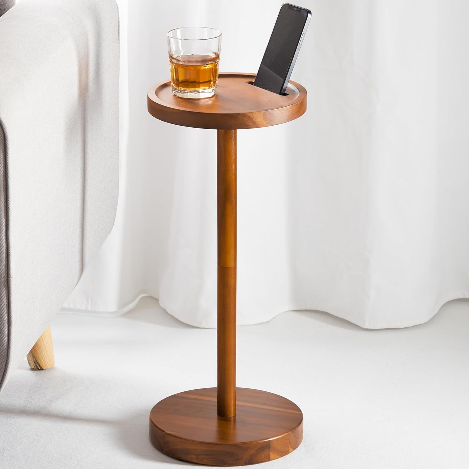 Drink Table, 22" Tall Compact Side Table with Phone Slot and Weighted Base, Durable Pedestal Table Accent for Living Room, Bedroom, or Office, Cocktail and Martin (1, Acacia)
