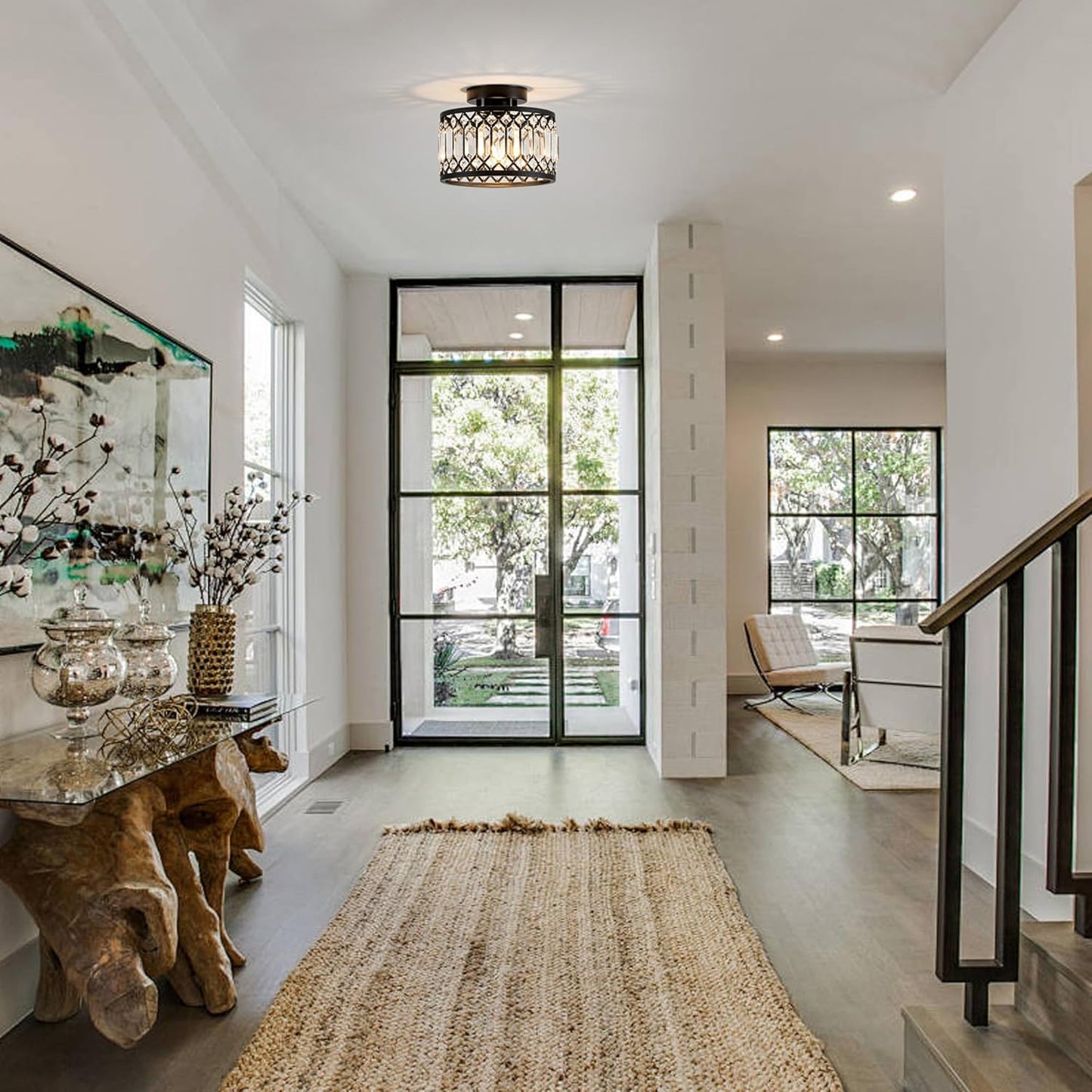 Crystal Ceiling Light, Black Flush Mount Ceiling Light Fixture, Flush Mount Chandelier, Light Fixture for Hallway, Entryway, Bathroom; Laundry Room, Kitchen, 1 Light, 9 Inch (Bulb NOT Included)