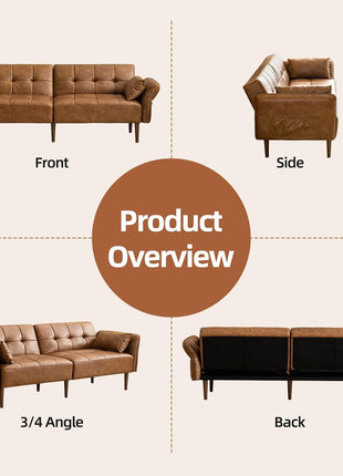 Luxurious 85” Futon Sofa Bed with Storage and Adjustable Armrests - Mid Century Modern Faux Leather Loveseat for Living Room, Bedroom, and Apartment in Elegant Brown Design