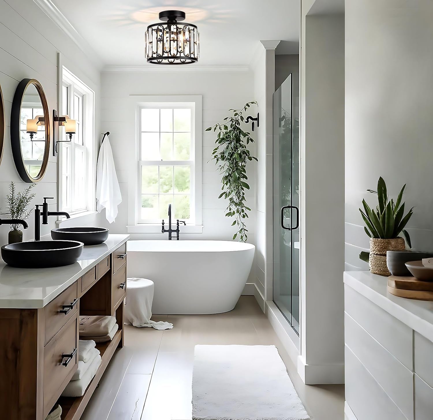 Crystal Ceiling Light, Semi Flush Mount Modern Black Ceiling Light Fixture, Crystal Chandelier, for Bathroom Hallway, Kitchen, Entryway, Bedroom, Laundry Room, Porch 1 Light E26