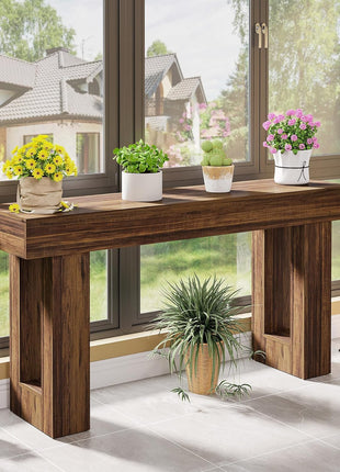 63-Inch Rectangular MDF Wood Grain Console Table for Living Room, Entryway, and Hallway in Rustic Brown Finish