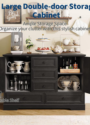 47" Modern Farmhouse Buffet Cabinet with 5 Drawers and Adjustable Shelves, Versatile Sideboard Storage for Dining Room and Kitchen, Black Finish