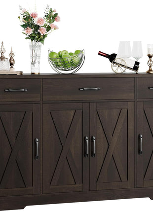 55" Modern Farmhouse Buffet Cabinet with Drawers and Shelves, Dark Brown Wood Sideboard Storage for Kitchen and Dining Room