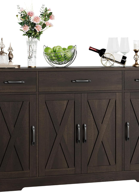 55" Modern Farmhouse Buffet Cabinet with Drawers and Shelves, Dark Brown Wood Sideboard Storage for Kitchen and Dining Room