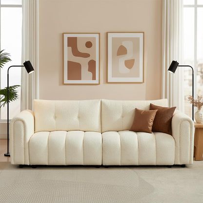 91.5" Mid-Century Modern Cloud Sofs, Comfy Boucle Couch with Rolled rms nd Soft Pillows, Upholstered Sherp Loveset Sofs for Living Room, prtment, Home Office, Crem White