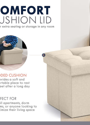 Rectangular Linen Foldable Ottoman - Compact Storage Footrest Stool for Living Room, Bedroom, Home Office, and Dorm - 12" x 16" x 12", Beige
