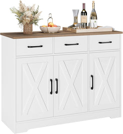 Modern Farmhouse Sideboard Buffet Cabinet, Barn Doors Buffet Storage Cabinet with Drawers and Shelves, Wood Coffee Bar with Storage for Kitchen, Dining Room, Living Room, White