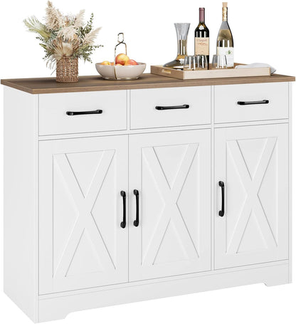 Modern Farmhouse Sideboard Buffet Cabinet, Barn Doors Buffet Storage Cabinet with Drawers and Shelves, Wood Coffee Bar with Storage for Kitchen, Dining Room, Living Room, White