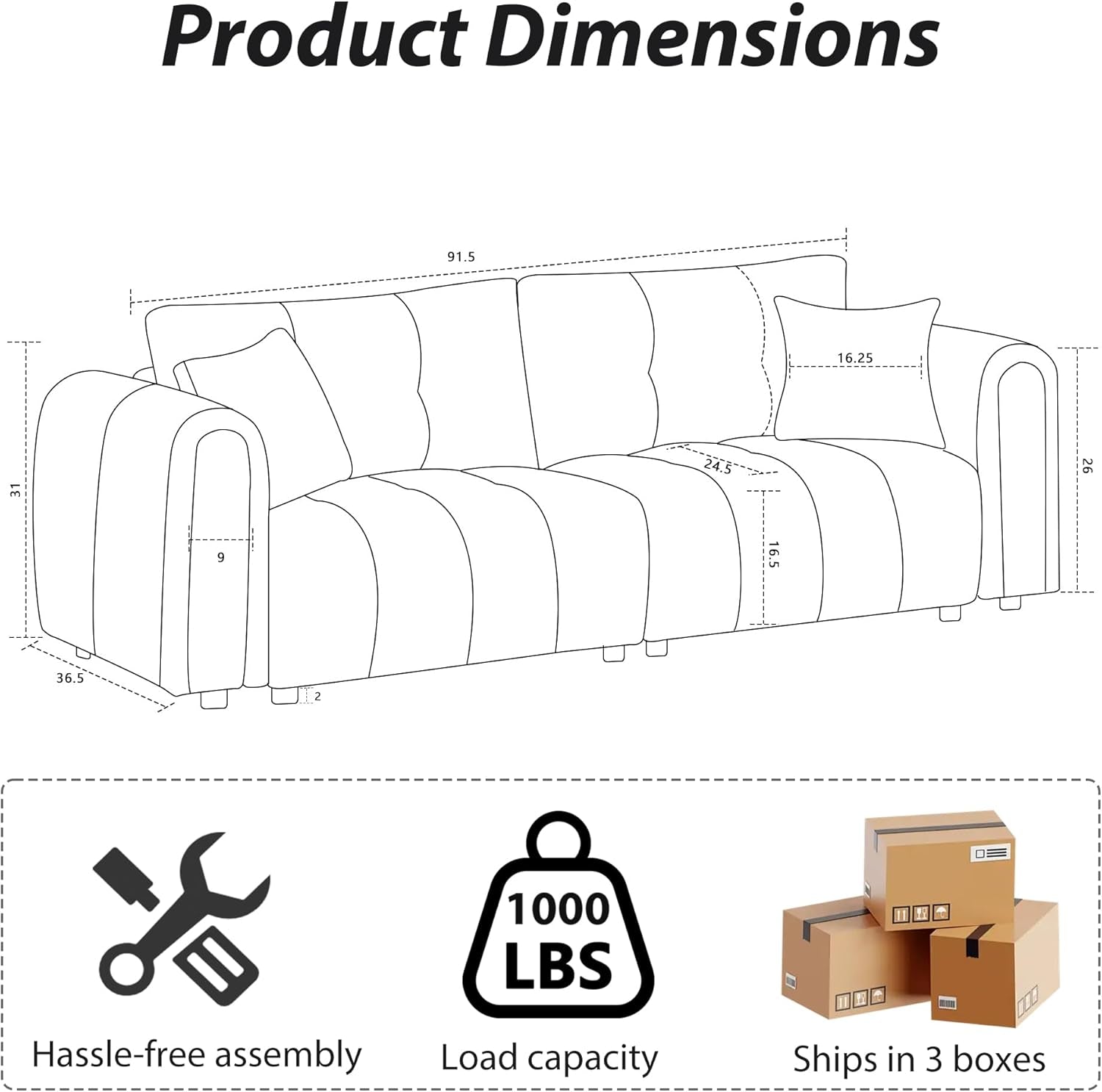 91.5" Mid-Century Modern Cloud Sofs, Comfy Boucle Couch with Rolled rms nd Soft Pillows, Upholstered Sherp Loveset Sofs for Living Room, prtment, Home Office, Crem White