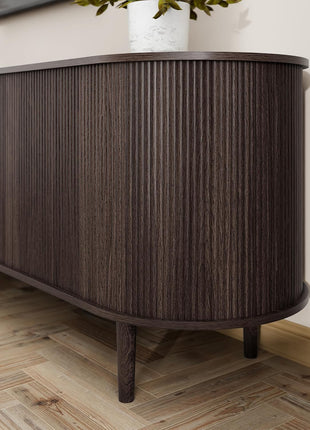 86.6-Inch Mid-Century Modern Fluted TV Stand with Power Outlet for TVs up to 90", Adjustable Shelves, and Sliding Door in Dark Walnut Finish