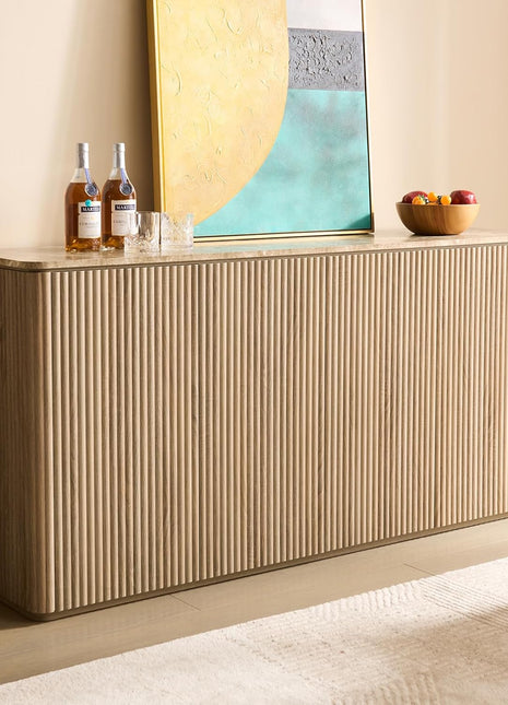 Fluted 4-Door Sideboard Cabinet with Storage, 64" Wooden Credenza Featuring Shelves and Faux Marble Top, Modern Buffet Console Table for Dining, Kitchen, Living Room, and Entryway in Natural Oak