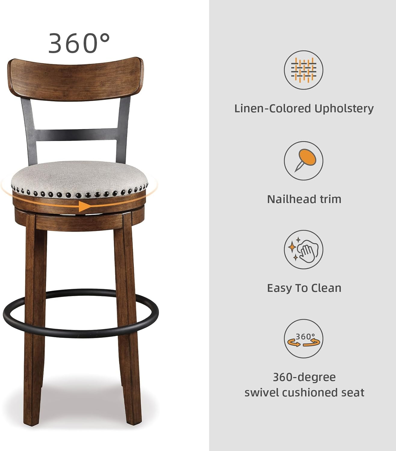 Valebeck | 30″ Farmhouse Pub-Height Swivel Barstool with Back – Upholstered Cushion, Nailhead Trim, Metal & Wood Frame, Brown