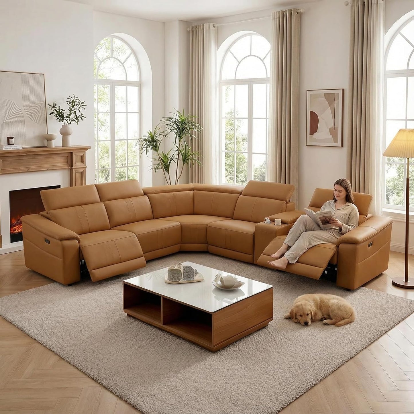 Power Recliner Sectional Sofa, L-Shaped Living Room Furniture Set, Light Brown Leather Sofa, Reclining Sectional Couch with Storage Console/Cup Holder for Living Room/House/Apt