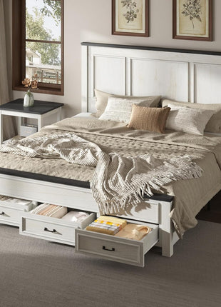 5-Piece Farmhouse Bedroom Set: King Size Bed Frame with 52.2" Headboard, 7-Drawer Dresser, 6-Drawer Tall Dresser, and Two Nightstands with Charging Station in White