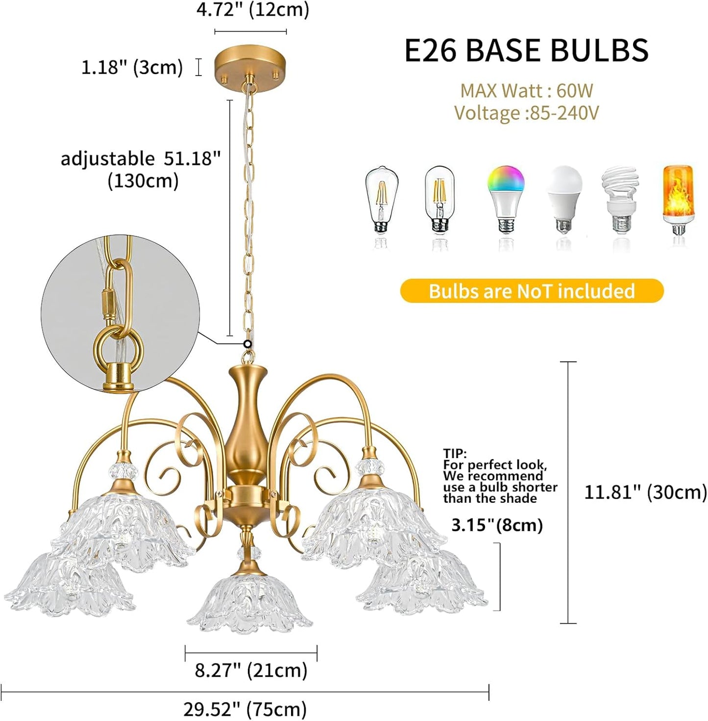 5-Light Vintage Chandeliers in Matte Brass Finish with Crystal Glass Shades, Retro Chandelier Light for Dining Room,Hallway,Kitchen