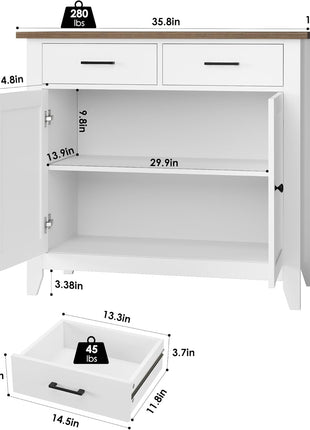 Ivory White Modern Farmhouse Kitchen Storage Cabinet with Buffet and Coffee Bar, Featuring 2 Drawers and 2 Doors, Ideal Versatile Sideboard for Living Room, Dining Room, and Bathroom