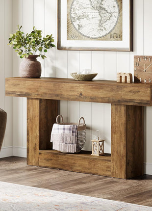 63-Inch Vintage Brown Farmhouse Console Table with U-Shaped Base and Two-Tier Design for Living Room, Hallway, and Foyer
