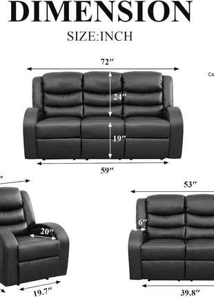 3-Piece Leather Sectional Recliner Sofa Set for Living Room and Office in Deep Black