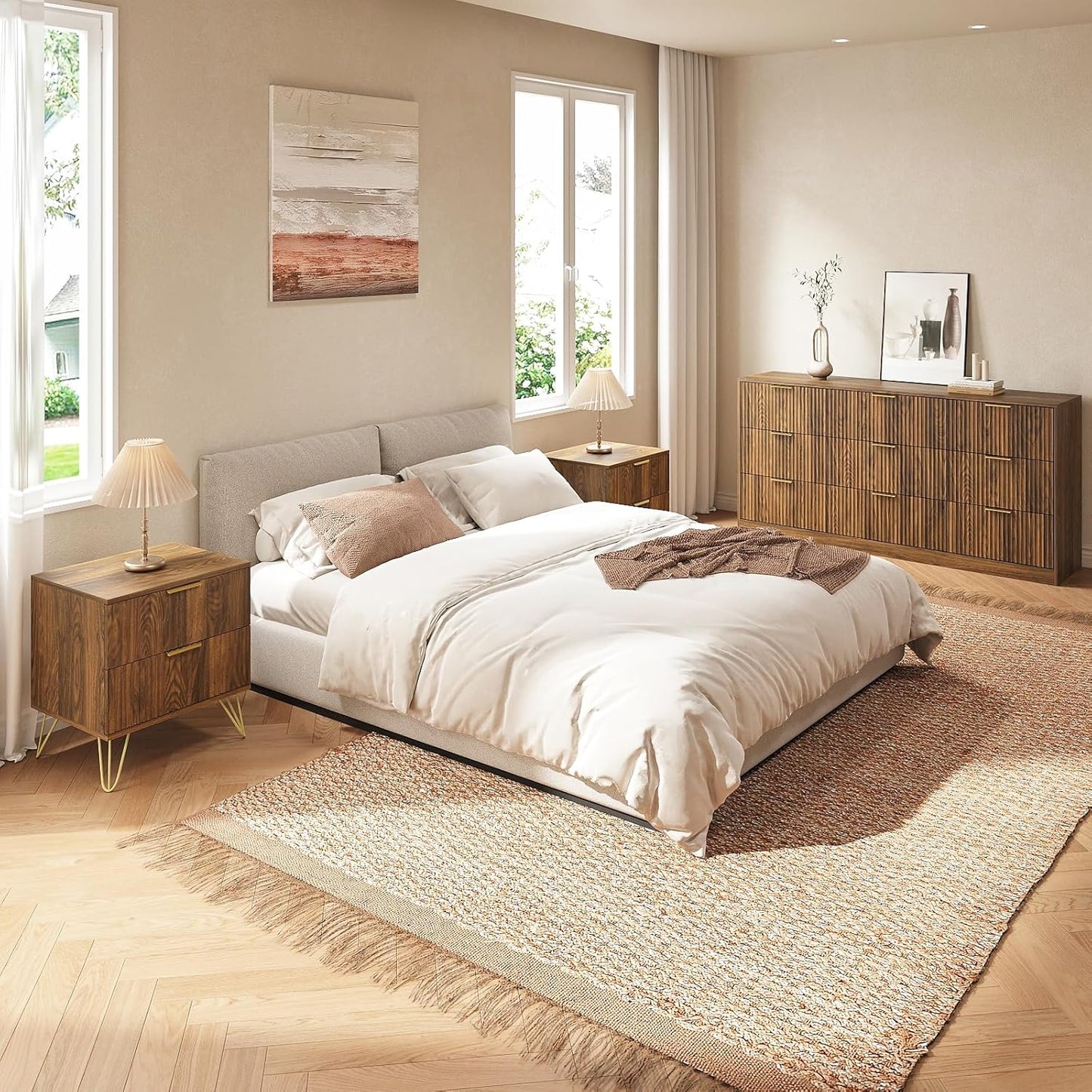 9 Drawer Dresser and Nightstand Sets for Bedroom, 3 Pcs Bedroom Set，Night Stand Set of 2 & 9 Drawer Dresser with Gold Handles, Modern Wood Chest of Drawers Storage Cabinet Set, Natural