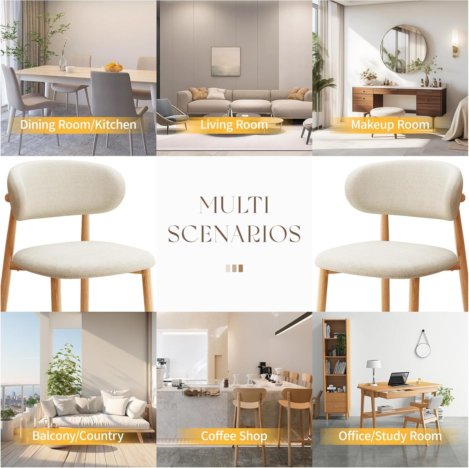 Kitchen Dining Chairs Set of 2 Modern Soft Linen Farmhouse Dining Room Chair with Metal Legs, Beige/Original