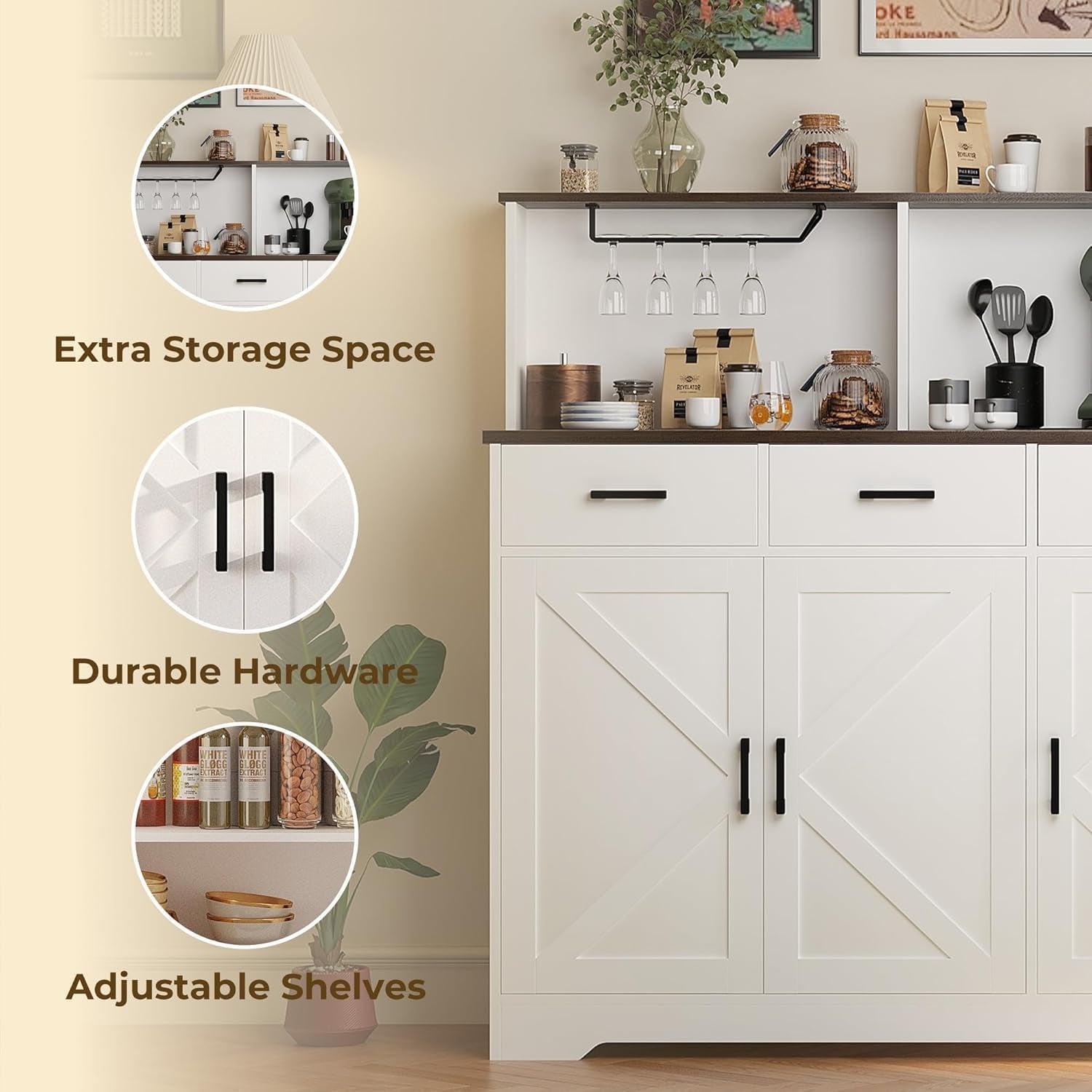 Farmhouse Sideboard Buffet Cabinet with Microwave Stand, Barn Doors Buffet Storage Cabinet with Drawers and Shelves, Wood Coffee Bar Pantry for Kitchen, Dining Room, Living Room, White