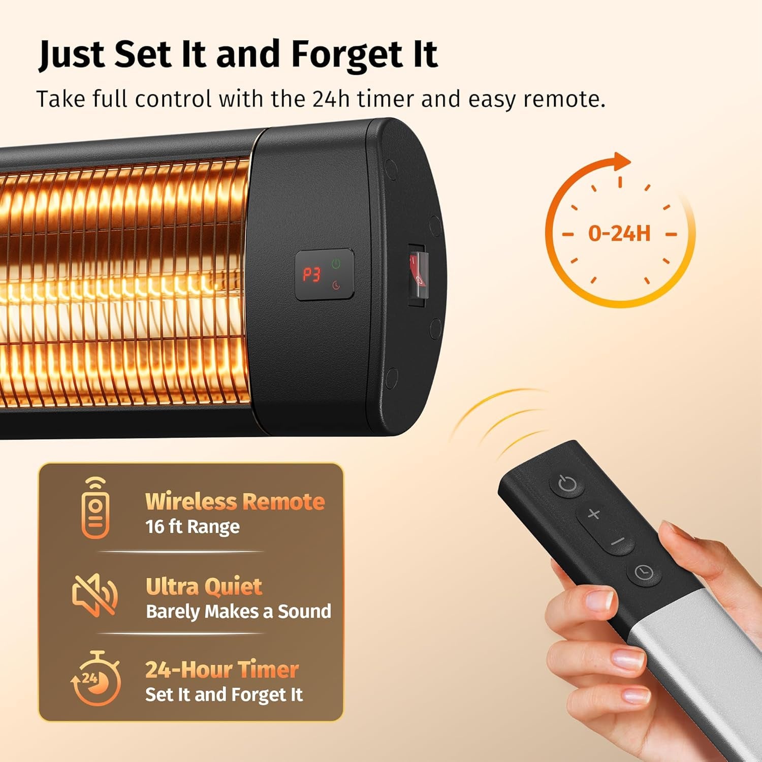 Electric Patio Heater | 1500W Wall Mounted Infrared Heater for Outdoor, Garage, Backyard, Restaurant | 24H Timer, IP65 Waterproof | 3 Heat Levels & Overheating Protection | Black