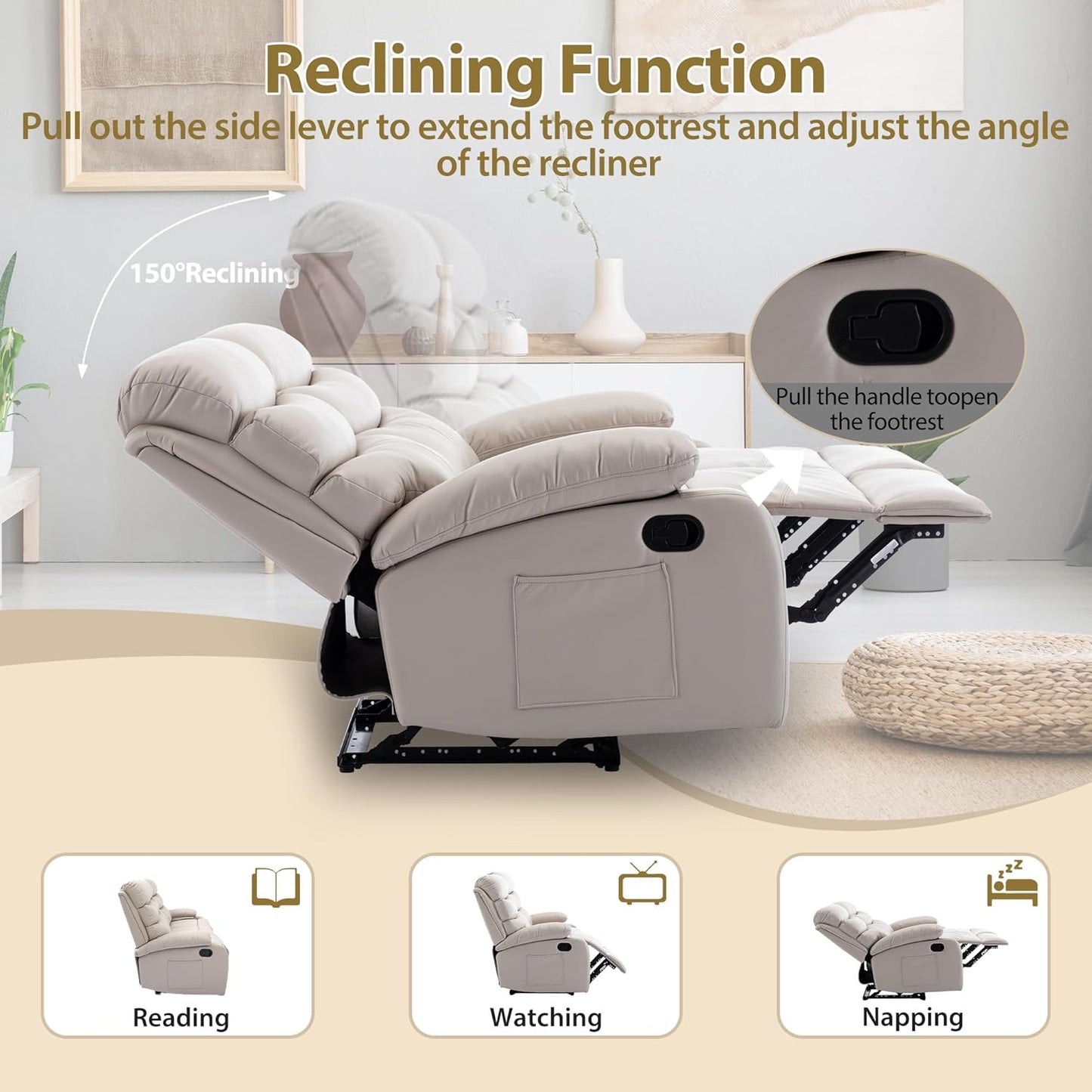 Manual 3 Seat Reclining Sofa Leather 3-Seater Manual Reclining Couch with Overstuffed Arms 3 Seater Couch Recliner Hidden Storage for for Living Room RV Home Theater Apartment Beige